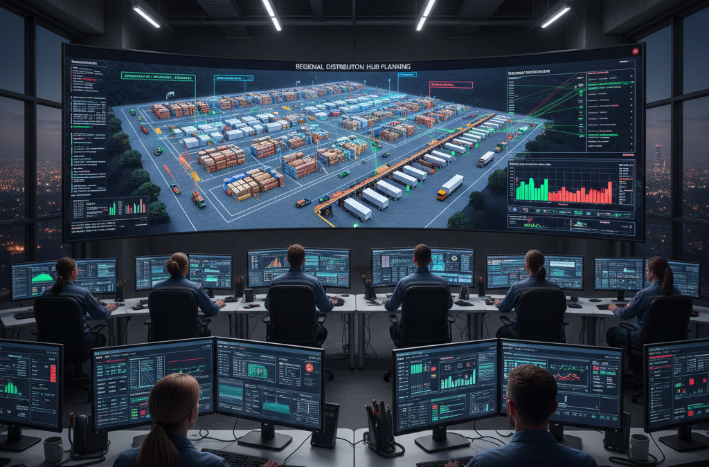 Logistics planning team reviewing dock configuration, throughput flow, and automation zone scenarios